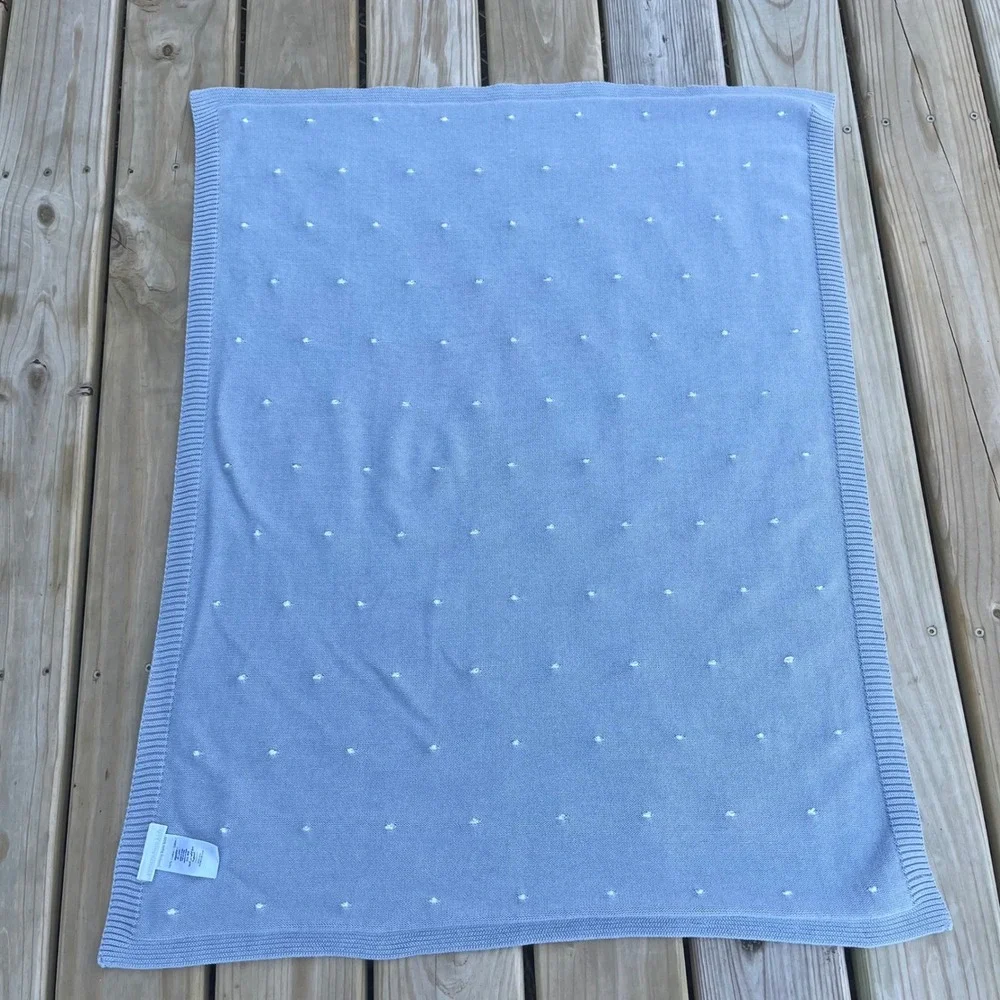 Pottery Barn Kids Blanket Throw Baby Blanket Blue Knit White Dot 100% Cotton